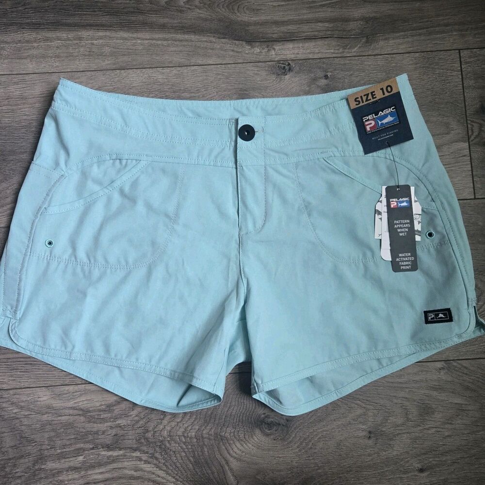 Pelagic DeepSea Gyotaku Women’s Shorts Size 10 Turquoise Water‑Activated Print